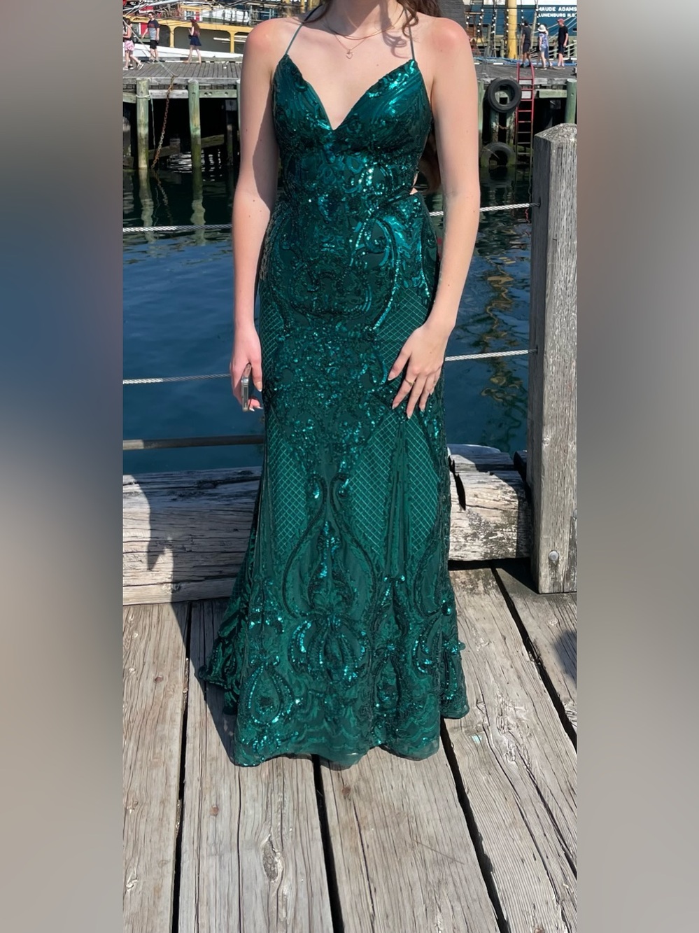 Mori Lee Emerald Green Sequin Spaghetti-Strap Prom Gown